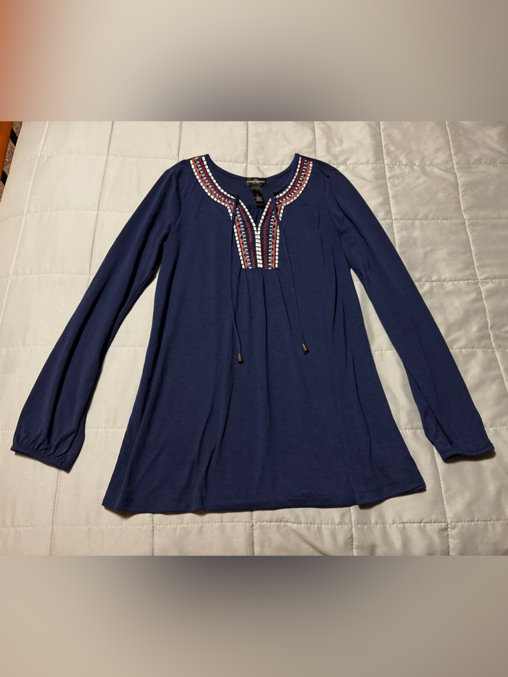Karen Brooks Embroidered Geometric Split Neck Tunic Blouse Navy Blue Tie Size S